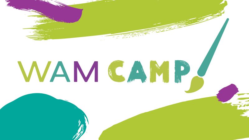 WAM Camp words with paintbrush in teal and lime along with stripes of color in lime, teal and purple