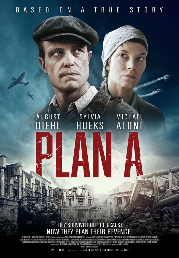 Movie poster of the film Plan A. A man and woman look dramatically into the distance as war planes fly overhead