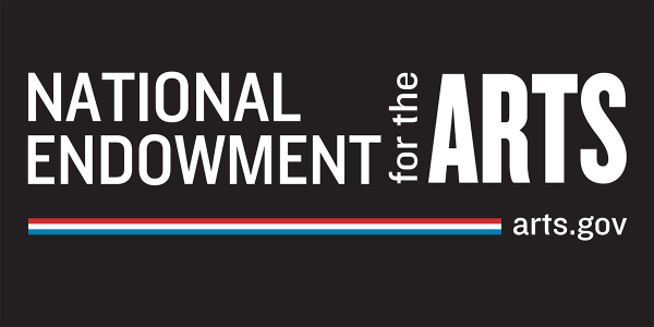 black logo with National Endowment for the Arts in white letters. A red, white and blue bar below the text. Next to it is the website arts.gov