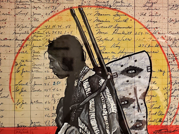 Ledger art of a single Native American, profile with a sad facial expression. Artwork done in red, yellow and black ink