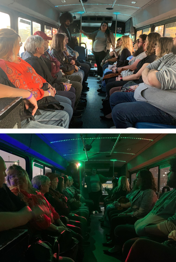 Group of people in a bus for First Friday Field Trip