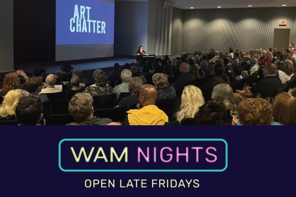 People in an auditorium looking at a screen that reads Art Chatter. Text reads WAM Nights Open Late Fridays.