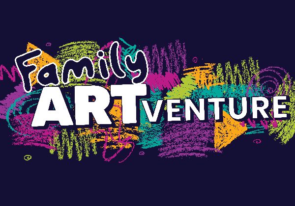Family ArVenture graphic with purple backgroun and playful, fun colors hand-drawn behind the words