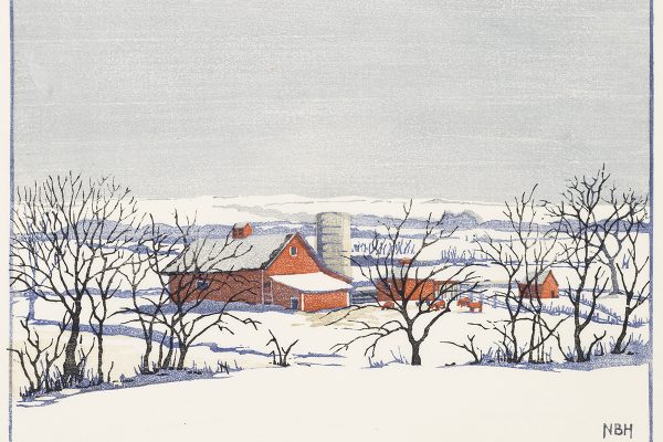 Norma Bassett Hall, Jontra Farm, 1937. Color block print,8 1/2 x 11 1/2 inches. Wichita Art Museum, Gift of Mosby Lincoln Foundation