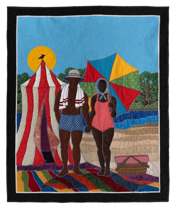 Stephen Towns, Luncheon on the Sand, 2025. Natural and synthetic fabric, polyester and cotton thread, cubic zirconia, glass beads, button, 71 1/2 x 59 1/2 inches. Collection of the artist