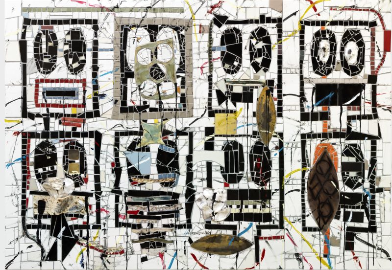 Rashid Johnson, Broken Crowd “Reeling and Rhyming,” 2026. Ceramic tile, mirror, spray enamel, branded black walnut, oyster shell, oil stick, black soap, wax, bronze, 51 1/4 × 73 × 6 inches. Wichita Art Museum, Paula Downing Collection, 2026.15. © Rashid Johnson. Courtesy the artist and Hauser & Wirth. Photo: Stephanie Powell