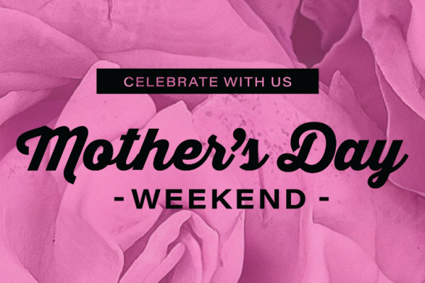 alt= Mother Day's Weekend banner, pink, lush, flowery background