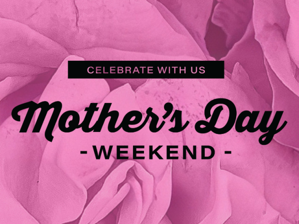 alt= Mother Day's Weekend banner, pink, lush, flowery background