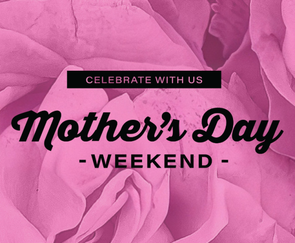 alt= Mother Day's Weekend banner, pink, lush, flowery background