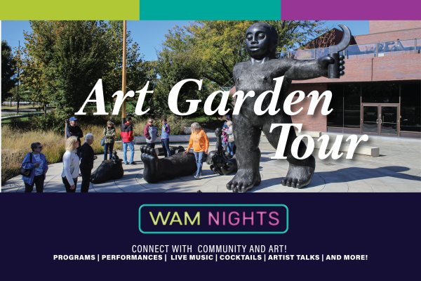 alt= WAM Nights Garden Tour, image of people enjoying sculptures in WAM Garden