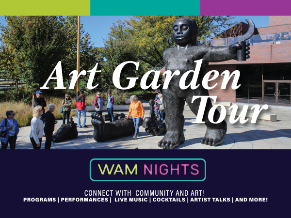 alt= WAM Nights Garden Tour, image of people enjoying sculptures in WAM Garden