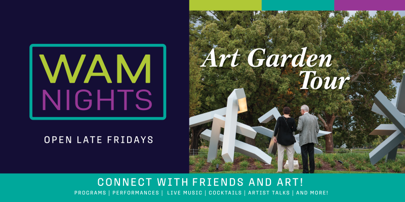 alt= WAM Nights Garden Tour, image of people enjoying sculptures in WAM Garden
