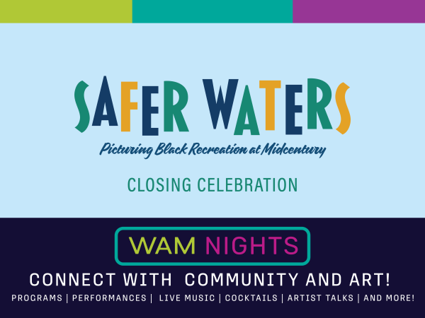 alt= WAM Nights, Safer Waters: Picturing Black Recreation at the Mid-Century exhibition closing banner, dark blue, light blue, swing