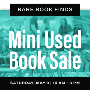 alt= mini used book sale, rare book finds, teal image of book store