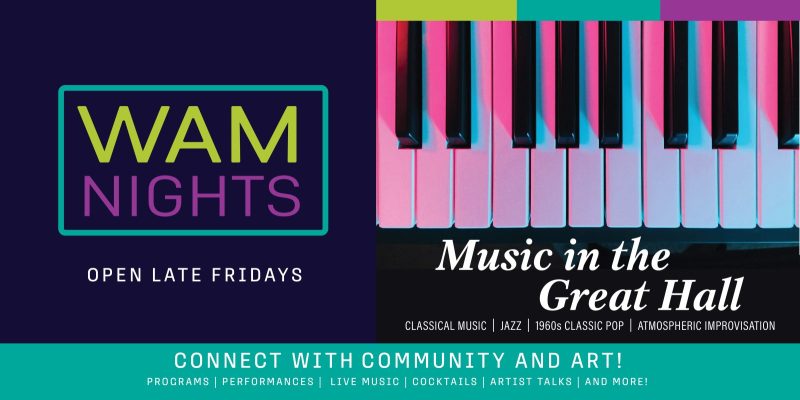 alt= WAM Nights: Music in the Great Hall, piano keys with purple filter