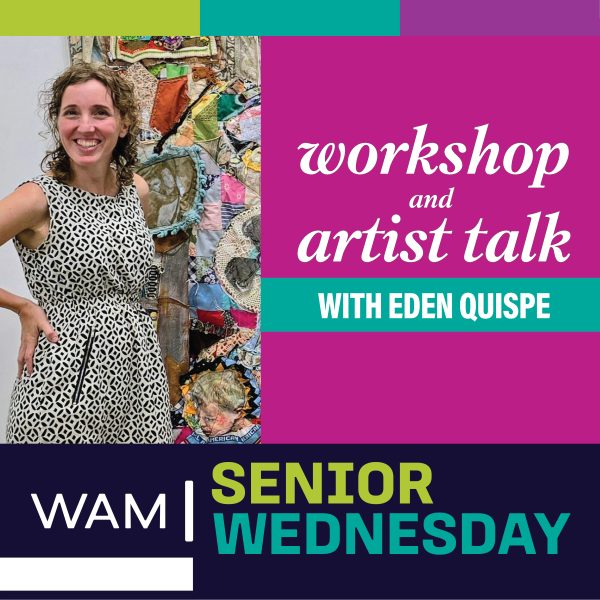 alt= Workshop and Artist Talk with Eden Quispe, Eden Quispe posing in front of one of her quilt art pieces