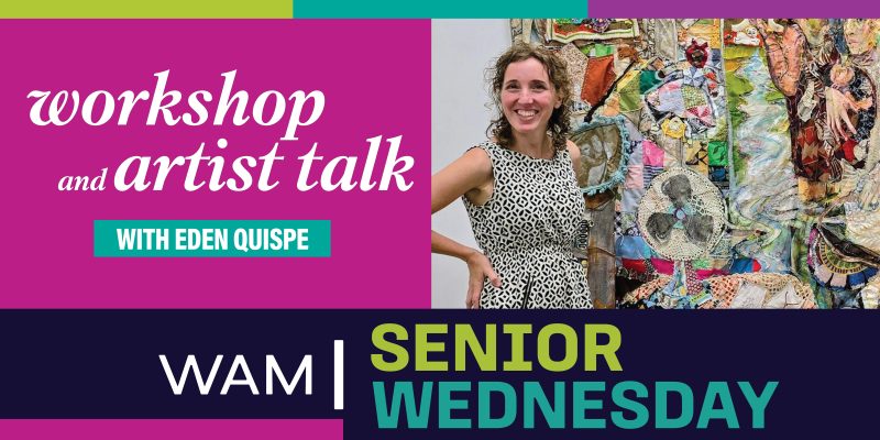 alt= Workshop and Artist Talk with Eden Quispe, Eden Quispe posing in front of one of her quilt art pieces
