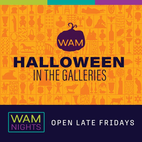 alt= WAM, Halloween in the Galleries, purple pumpkin logo, orange background with various art pieces lined in boxes