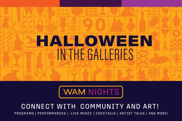 alt= WAM, Halloween in the Galleries, purple pumpkin logo, orange background with various art pieces lined in boxes
