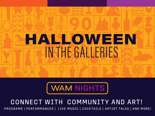 alt= WAM, Halloween in the Galleries, purple pumpkin logo, orange background with various art pieces lined in boxes