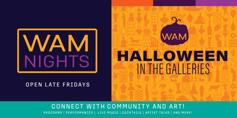 alt= WAM, Halloween in the Galleries, purple pumpkin logo, orange background with various art pieces lined in boxes