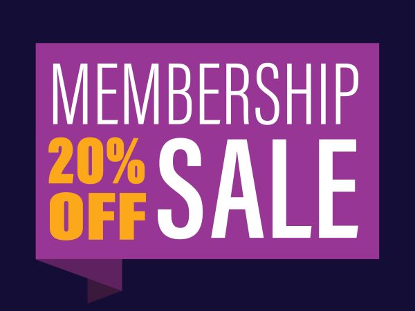 alt= Membership Sale, 20% Off, navy blue background, purple banner