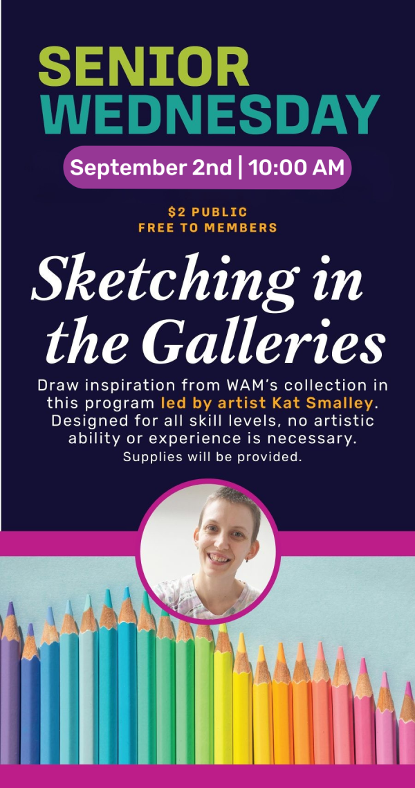 alt= Senior Wednesday, Sketching in the Galleries, September 2nd | 10:00 AM, Kat Smalley headshot with rows of colored pencils