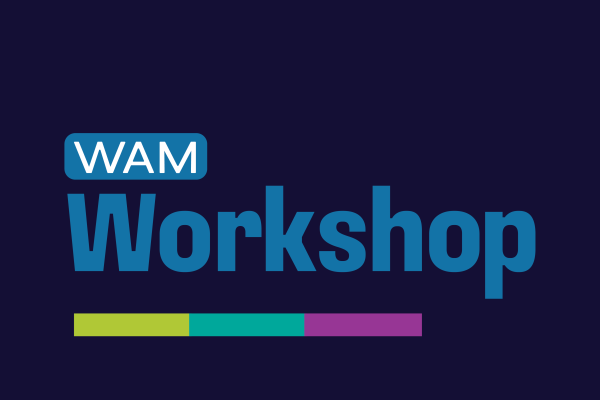 alt= Navy Blue block that reads 'WAM Workshop'