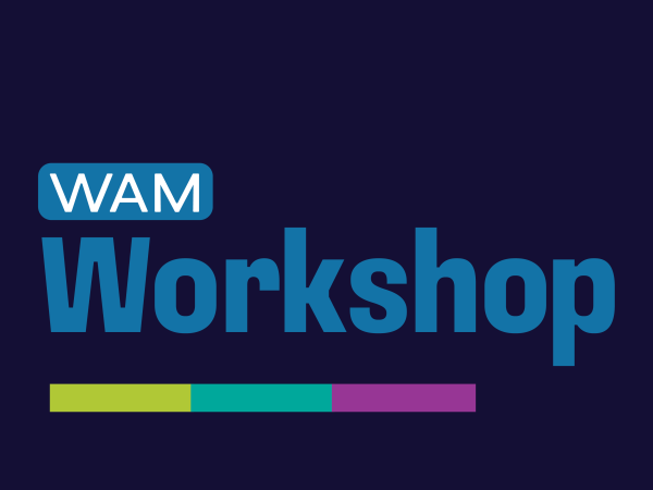 alt= Navy Blue block that reads 'WAM Workshop'