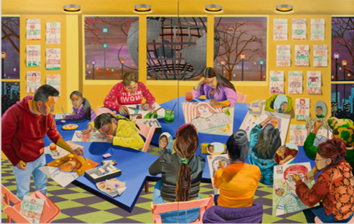 alt= Aliza Nisenbaum, 'El Taller' (The Workshop), 2023. Oil on linen, diptych, 95 × 150 inches. Wichita Art Museum, Museum purchase, American Art Acquisition Fund established by friends and franchisees of Pizza Hut, in honor of Dan and Frank Carney, 2026.13