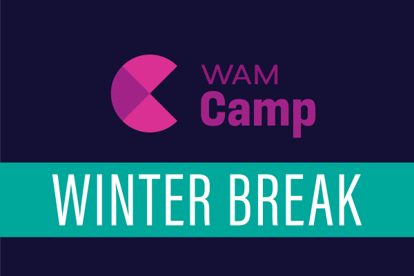 alt= purple WAM Camp logo, circle with 2 light pieces, 2 dark pieces, green banner reads 