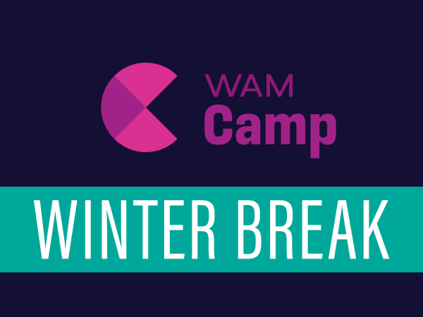 alt= purple WAM Camp logo, circle with 2 light pieces, 2 dark pieces, green banner reads 
